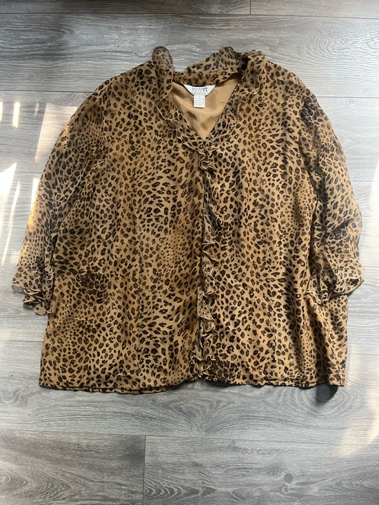 Allison Joy Tops - Allison Joy Leopard Print Brown Ruffle V Neck 100% Silk Size 3X Animal Lined Fun